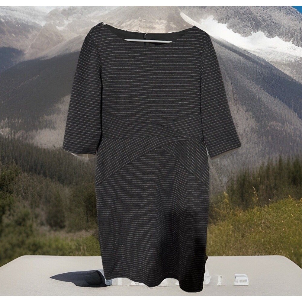 Chic White House Black Market Bodycon Dress SZ 14 Gray Silver Stripes Back Zip